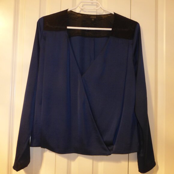 GUESS dark blue v-neck low cut blouse with lace accents - Picture 2 of 12